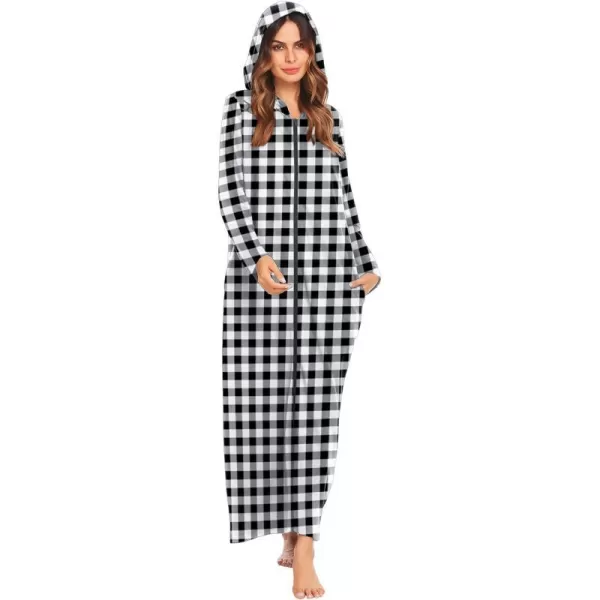 Ekouaer Robe for Women Zipper Robe Loungewear Full Length Sleepwear Pockets Housecoat Casual Straight RobeCblack amp White Plaid