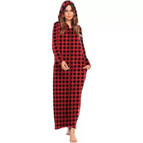 Ekouaer Robe for Women Zipper Robe Loungewear Full Length Sleepwear Pockets Housecoat Casual Straight RobeCred amp Black Plaid