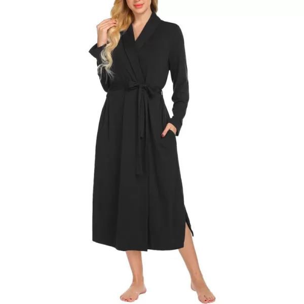 Ekouaer Robes for Women Long Sleeve Knit Kimono Bathrobe Soft Lightweight Loungewear Ladies Cotton SleepwearBlack