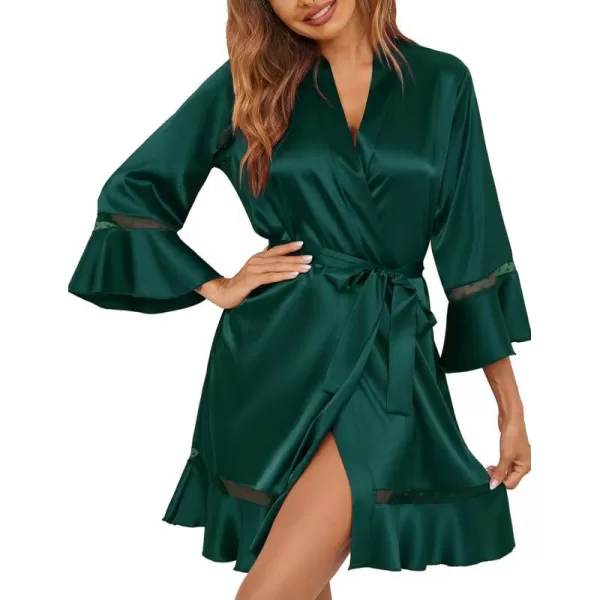 Ekouaer Robes for Women Satin Kimono Robes Ruffle Hem Silky Bathrobes Silk Robes Short Bridesmaids Robe Dressing Gown SXXLDark Green