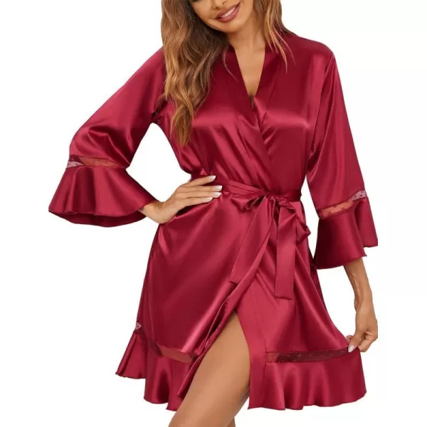 Ekouaer Robes for Women Satin Kimono Robes Ruffle Hem Silky Bathrobes Silk Robes Short Bridesmaids Robe Dressing Gown SXXLWine Red