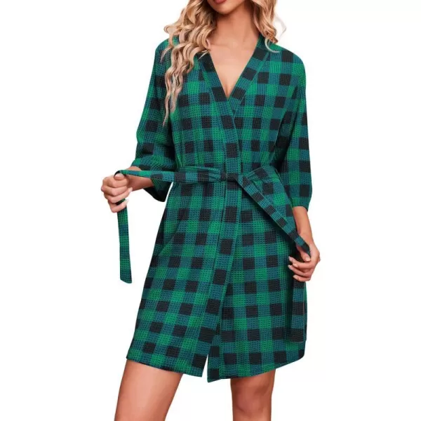 Ekouaer Robes for Women Waffle Knit Bathrobe Soft Lightweight Knee Length Loungewear SXXLBig Wafflegreen Plaid