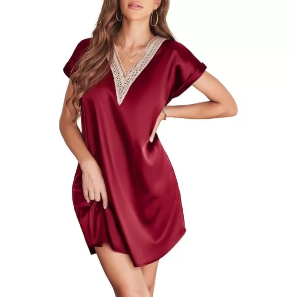 Ekouaer Satin Nightgowns for Women Short Sleeve Nightshirt Sleepwear Guipure Lace VNeck Sleep Dress with Belt SXXLWine Red