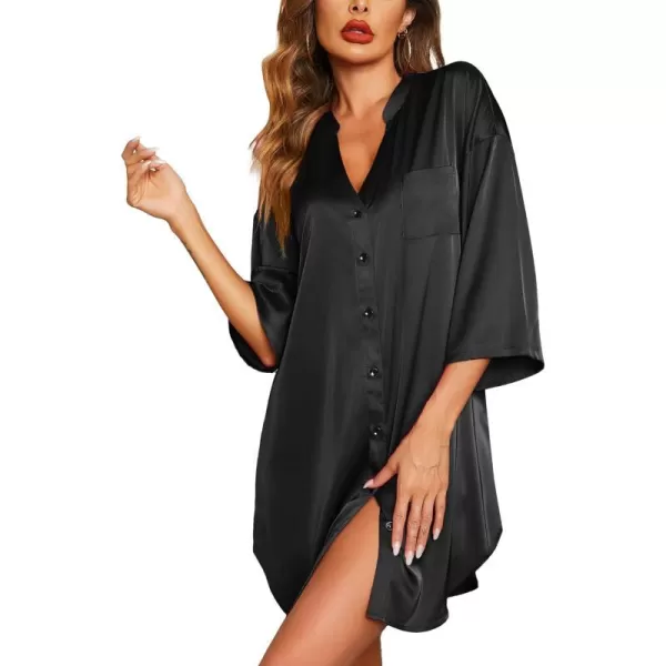 Ekouaer Satin Nightgowns for Women Silk Sleepwear Button Down Sleepshirt 34 Sleeve VNeck Nightshirts with Pockets01 Black