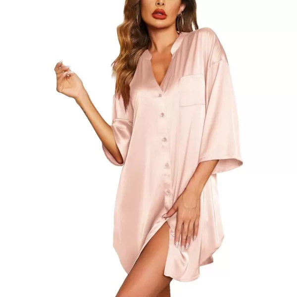 Ekouaer Satin Nightgowns for Women Silk Sleepwear Button Down Sleepshirt 34 Sleeve VNeck Nightshirts with Pockets01 Champagne