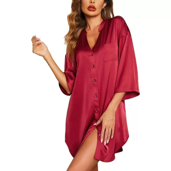 Ekouaer Satin Nightgowns for Women Silk Sleepwear Button Down Sleepshirt 34 Sleeve VNeck Nightshirts with Pockets01 Wine Red