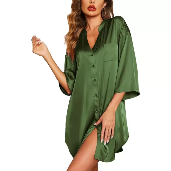 Ekouaer Satin Nightgowns for Women Silk Sleepwear Button Down Sleepshirt 34 Sleeve VNeck Nightshirts with PocketsArmy Green