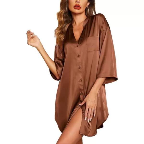 Ekouaer Satin Nightgowns for Women Silk Sleepwear Button Down Sleepshirt 34 Sleeve VNeck Nightshirts with PocketsBrown