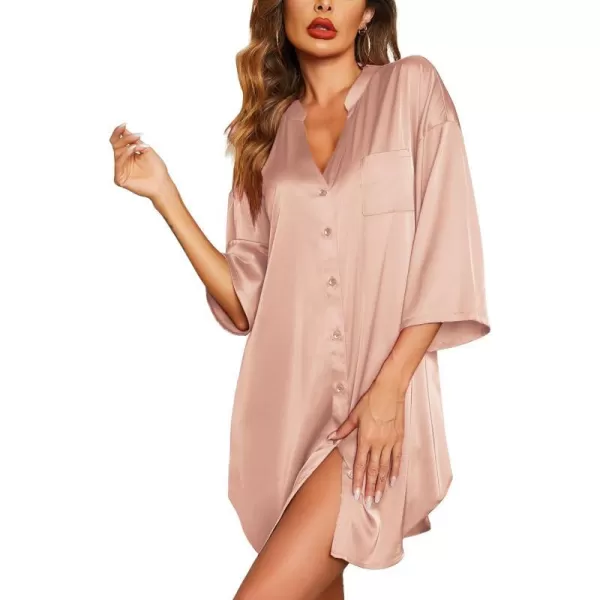 Ekouaer Satin Nightgowns for Women Silk Sleepwear Button Down Sleepshirt 34 Sleeve VNeck Nightshirts with PocketsDark Pink