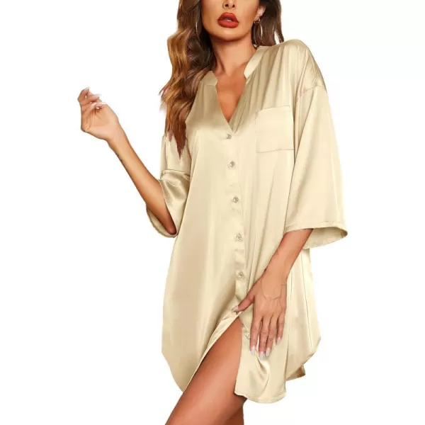 Ekouaer Satin Nightgowns for Women Silk Sleepwear Button Down Sleepshirt 34 Sleeve VNeck Nightshirts with PocketsKhaki