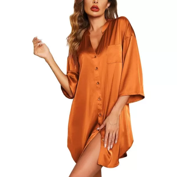 Ekouaer Satin Nightgowns for Women Silk Sleepwear Button Down Sleepshirt 34 Sleeve VNeck Nightshirts with PocketsOrange