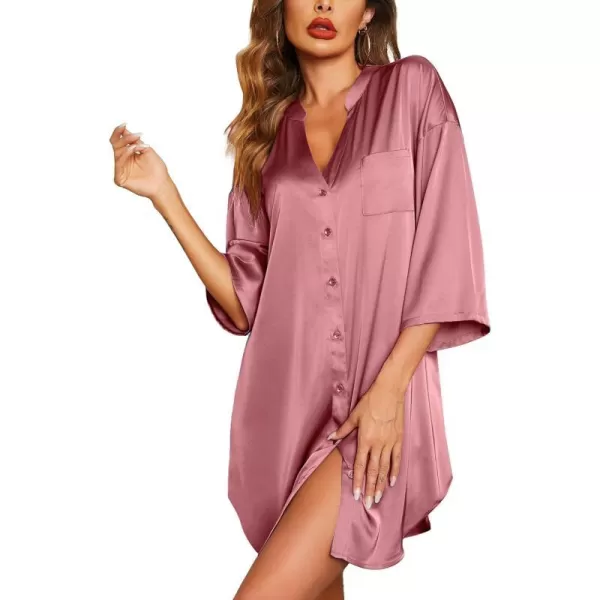 Ekouaer Satin Nightgowns for Women Silk Sleepwear Button Down Sleepshirt 34 Sleeve VNeck Nightshirts with PocketsPurple Red