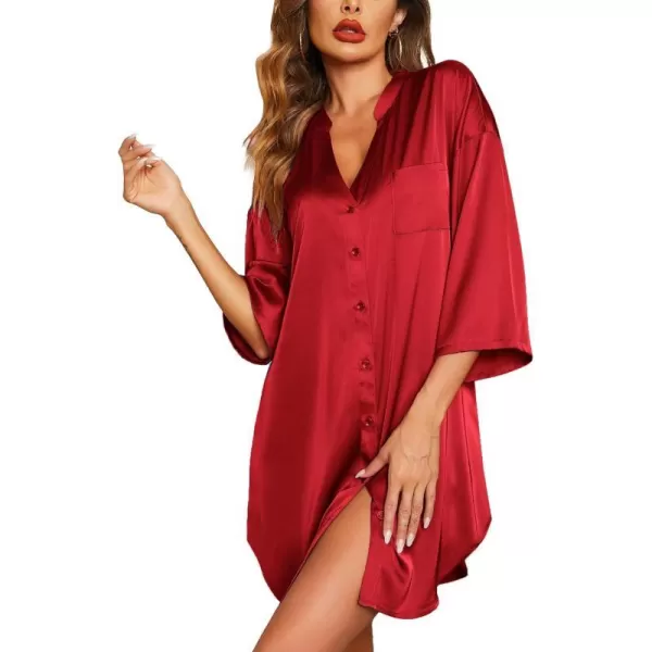 Ekouaer Satin Nightgowns for Women Silk Sleepwear Button Down Sleepshirt 34 Sleeve VNeck Nightshirts with PocketsRed