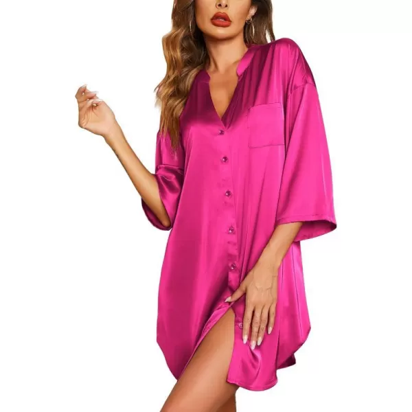 Ekouaer Satin Nightgowns for Women Silk Sleepwear Button Down Sleepshirt 34 Sleeve VNeck Nightshirts with PocketsRose Red