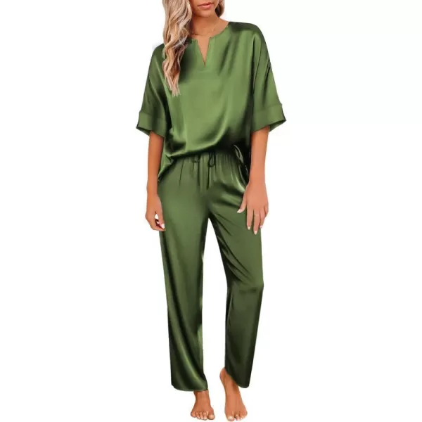 Ekouaer Satin Pajama Set Womens Silk Short Sleeve V Neck Shirt with Long Pant Soft Loungewear Pjs SetAarmy Green