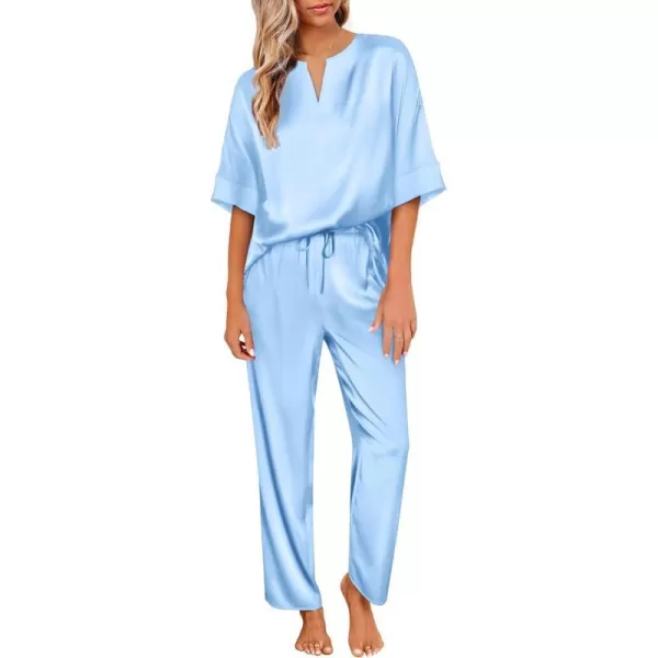 Ekouaer Satin Pajama Set Womens Silk Short Sleeve V Neck Shirt with Long Pant Soft Loungewear Pjs SetAblue