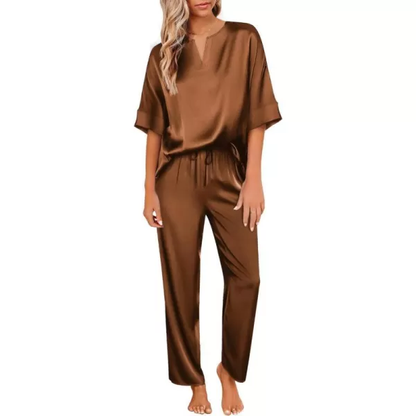 Ekouaer Satin Pajama Set Womens Silk Short Sleeve V Neck Shirt with Long Pant Soft Loungewear Pjs SetAbrown