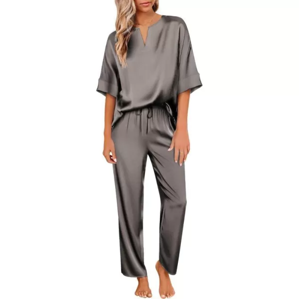 Ekouaer Satin Pajama Set Womens Silk Short Sleeve V Neck Shirt with Long Pant Soft Loungewear Pjs SetAdark Grey