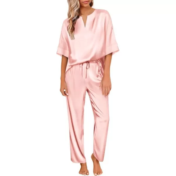 Ekouaer Satin Pajama Set Womens Silk Short Sleeve V Neck Shirt with Long Pant Soft Loungewear Pjs SetAlight Pink