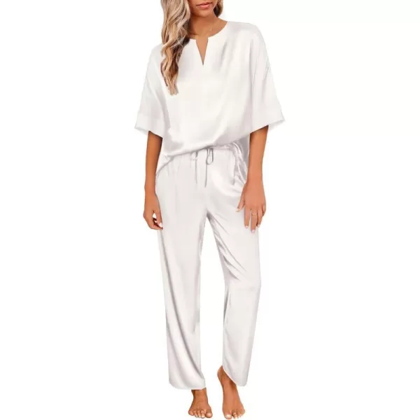 Ekouaer Satin Pajama Set Womens Silk Short Sleeve V Neck Shirt with Long Pant Soft Loungewear Pjs SetAwhite