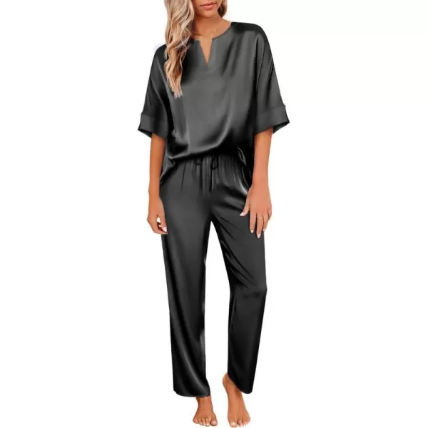 Ekouaer Satin Pajama Set Womens Silk Short Sleeve V Neck Shirt with Long Pant Soft Loungewear Pjs SetBlack