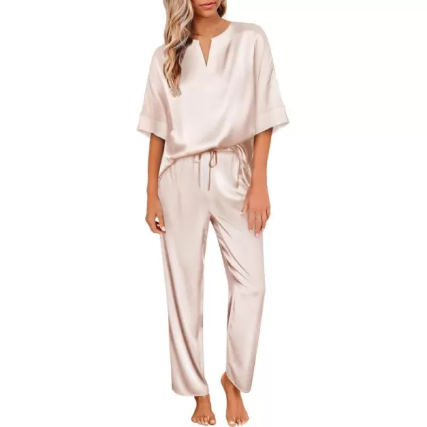 Ekouaer Satin Pajama Set Womens Silk Short Sleeve V Neck Shirt with Long Pant Soft Loungewear Pjs SetChampagne