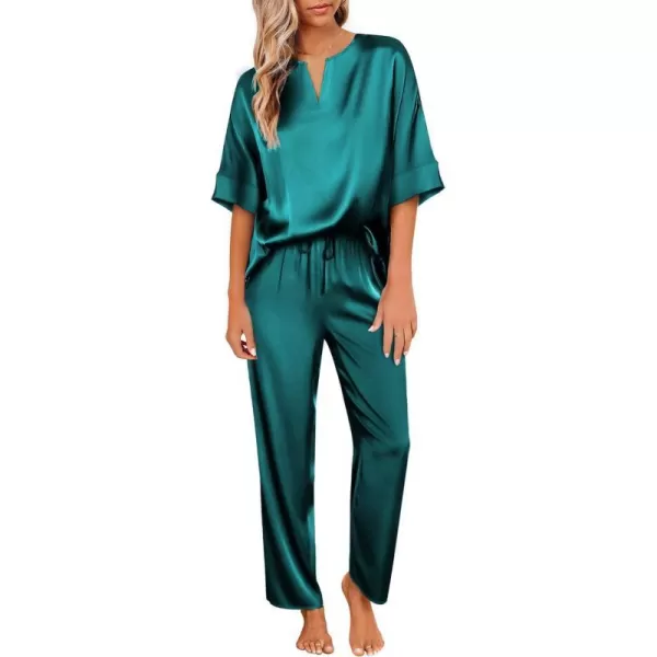 Ekouaer Satin Pajama Set Womens Silk Short Sleeve V Neck Shirt with Long Pant Soft Loungewear Pjs SetGreen