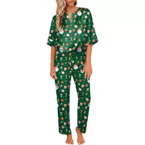 Ekouaer Satin Pajama Set Womens Silk Short Sleeve V Neck Shirt with Long Pant Soft Loungewear Pjs SetGreen Christmas