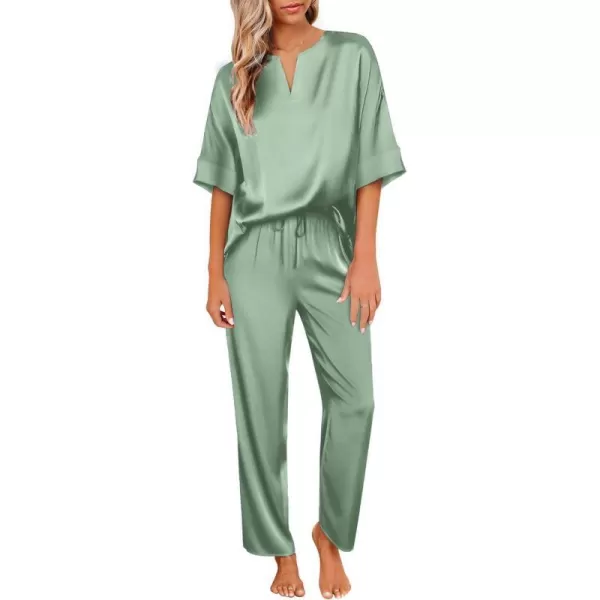 Ekouaer Satin Pajama Set Womens Silk Short Sleeve V Neck Shirt with Long Pant Soft Loungewear Pjs SetIce Green