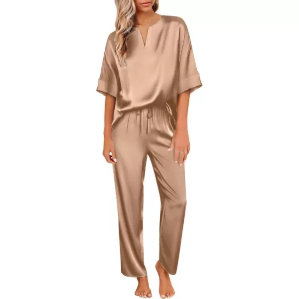 Ekouaer Satin Pajama Set Womens Silk Short Sleeve V Neck Shirt with Long Pant Soft Loungewear Pjs SetKhaki