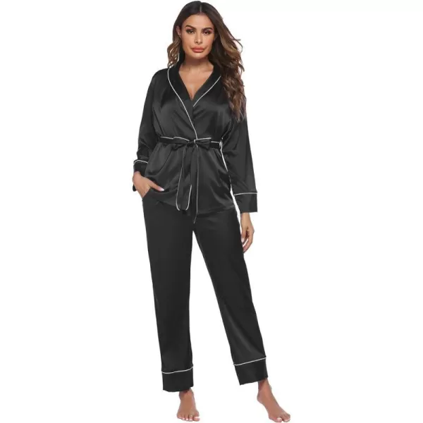 Ekouaer Satin Pajama Set Womens Silk Short Sleeve V Neck Shirt with Long Pant Soft Loungewear Pjs SetLong Sleeveblack