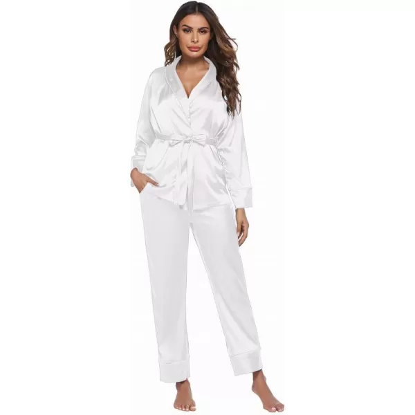 Ekouaer Satin Pajama Set Womens Silk Short Sleeve V Neck Shirt with Long Pant Soft Loungewear Pjs SetLong Sleevewhite