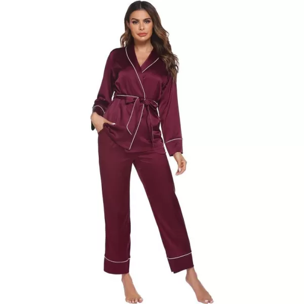 Ekouaer Satin Pajama Set Womens Silk Short Sleeve V Neck Shirt with Long Pant Soft Loungewear Pjs SetLong Sleevewine Red