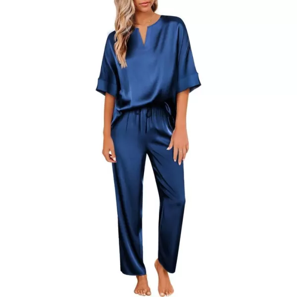 Ekouaer Satin Pajama Set Womens Silk Short Sleeve V Neck Shirt with Long Pant Soft Loungewear Pjs SetNavy Blue