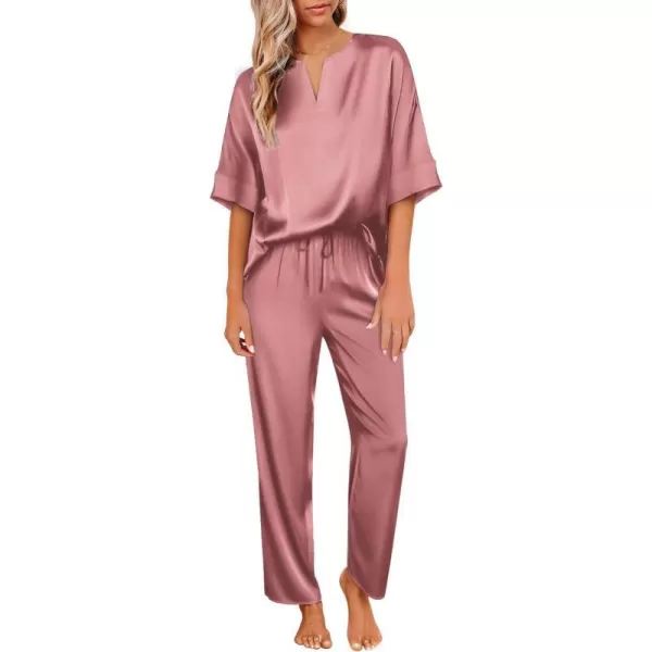 Ekouaer Satin Pajama Set Womens Silk Short Sleeve V Neck Shirt with Long Pant Soft Loungewear Pjs SetPurplish Red