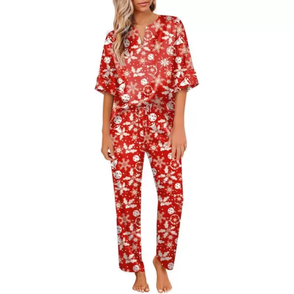 Ekouaer Satin Pajama Set Womens Silk Short Sleeve V Neck Shirt with Long Pant Soft Loungewear Pjs SetRed Christmas