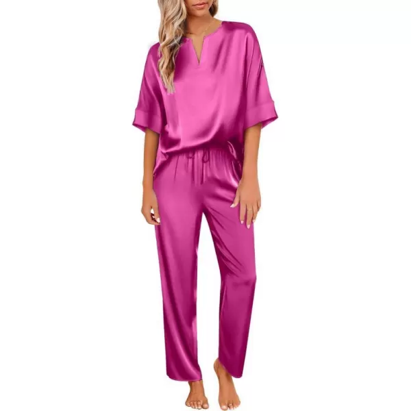 Ekouaer Satin Pajama Set Womens Silk Short Sleeve V Neck Shirt with Long Pant Soft Loungewear Pjs SetRose