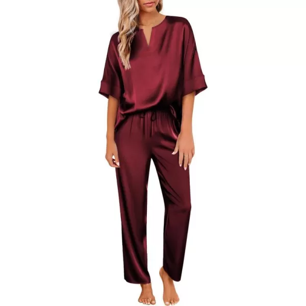 Ekouaer Satin Pajama Set Womens Silk Short Sleeve V Neck Shirt with Long Pant Soft Loungewear Pjs SetWine Red