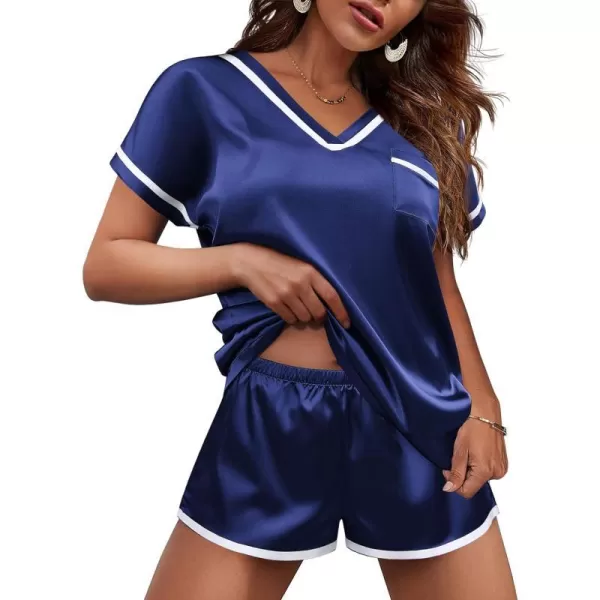 Ekouaer Satin Pajamas Set for Women Short Sleeve V Neck Tops with Pocket 2 Piece Pjs Silk SleepwearNavy Blue