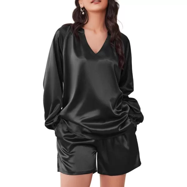 Ekouaer Satin Pajamas Set for Women V Neck Long Sleeve and Shorts 2 Piece Matching Lounge Set with PocketsBlack