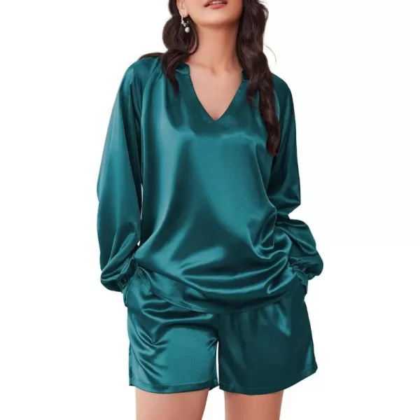 Ekouaer Satin Pajamas Set for Women V Neck Long Sleeve and Shorts 2 Piece Matching Lounge Set with PocketsBlue Green