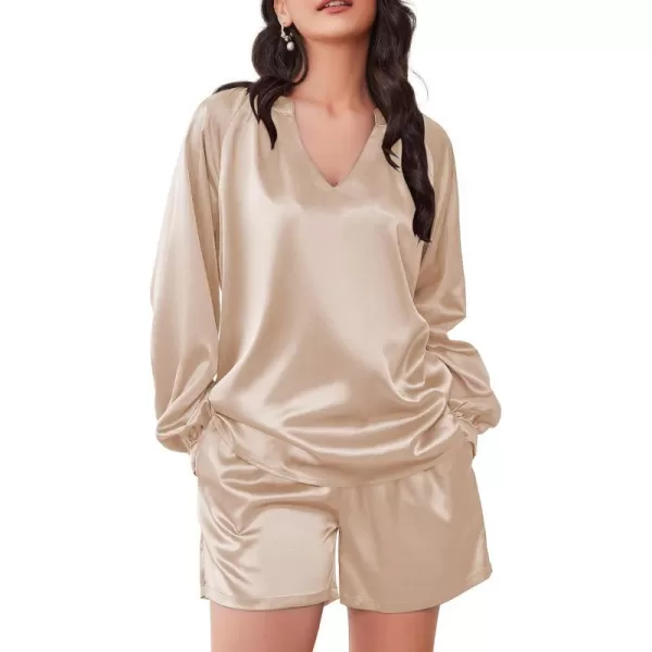 Ekouaer Satin Pajamas Set for Women V Neck Long Sleeve and Shorts 2 Piece Matching Lounge Set with PocketsChampagne