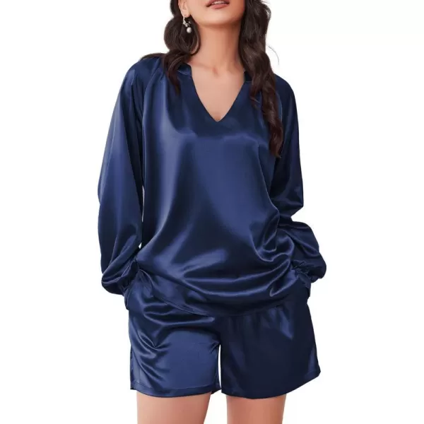 Ekouaer Satin Pajamas Set for Women V Neck Long Sleeve and Shorts 2 Piece Matching Lounge Set with PocketsNavy