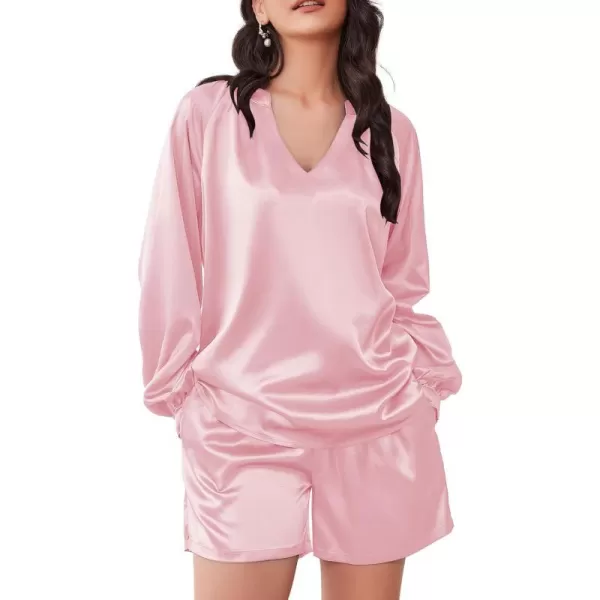 Ekouaer Satin Pajamas Set for Women V Neck Long Sleeve and Shorts 2 Piece Matching Lounge Set with PocketsPink