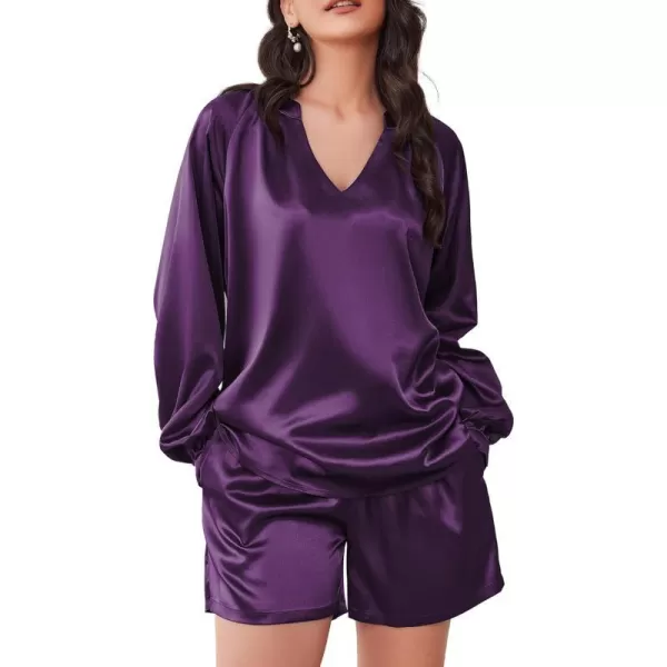 Ekouaer Satin Pajamas Set for Women V Neck Long Sleeve and Shorts 2 Piece Matching Lounge Set with PocketsPurple