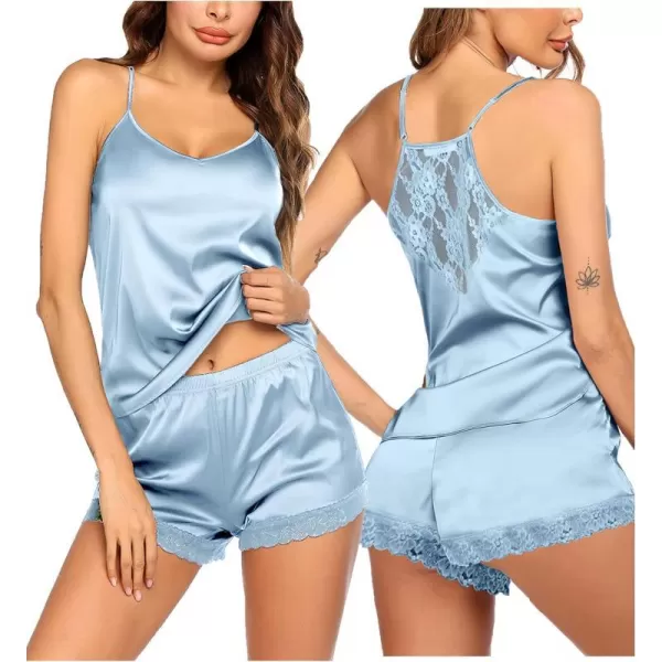 Ekouaer Satin Pajamas Women Lace Sleepwear Lingerie Cami Shorts Set Nightwear XSXXLLight Blue