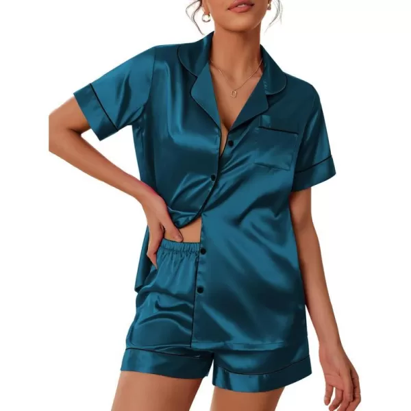 Ekouaer Satin Pajamas Womens Short Sleeve Sleepwear Soft Silk Button Down Loungewear Pjs Shorts Set SXXLBlue Green