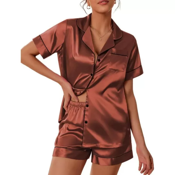 Ekouaer Satin Pajamas Womens Short Sleeve Sleepwear Soft Silk Button Down Loungewear Pjs Shorts Set SXXLBrown