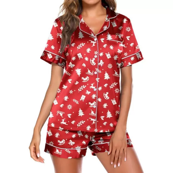 Ekouaer Satin Pajamas Womens Short Sleeve Sleepwear Soft Silk Button Down Loungewear Pjs Shorts Set SXXLChristmas Red