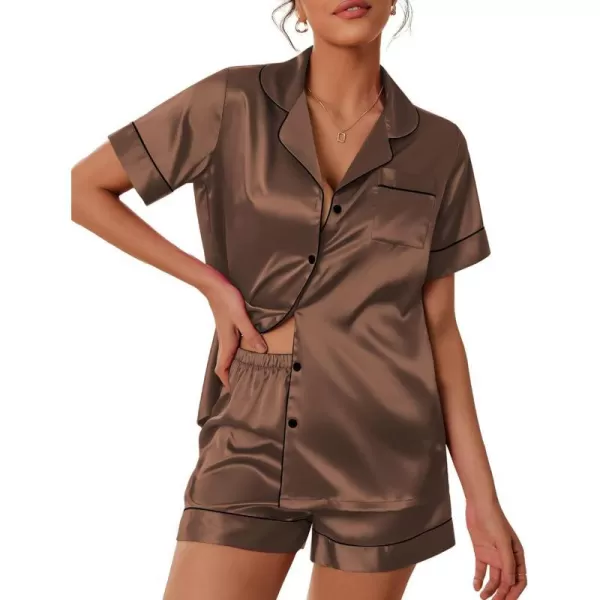 Ekouaer Satin Pajamas Womens Short Sleeve Sleepwear Soft Silk Button Down Loungewear Pjs Shorts Set SXXLCoffee